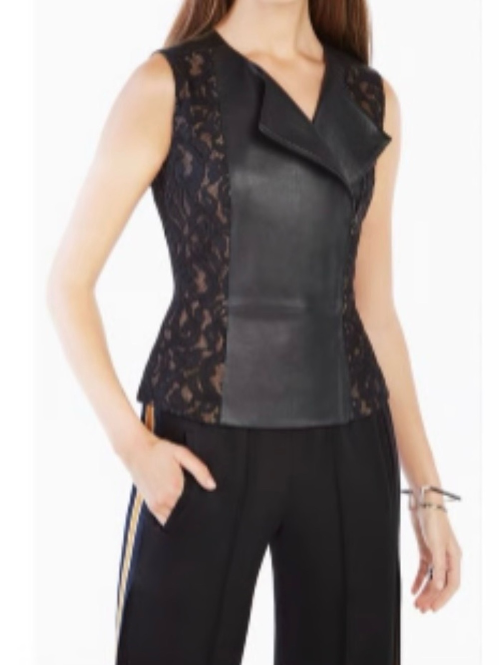 BCBGMaxAzria Becky Black Faux Leather & Lace Sleeveless Top